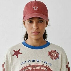 True Religion Horseshoe Lines Baseball Cap in Ruby Red Denim